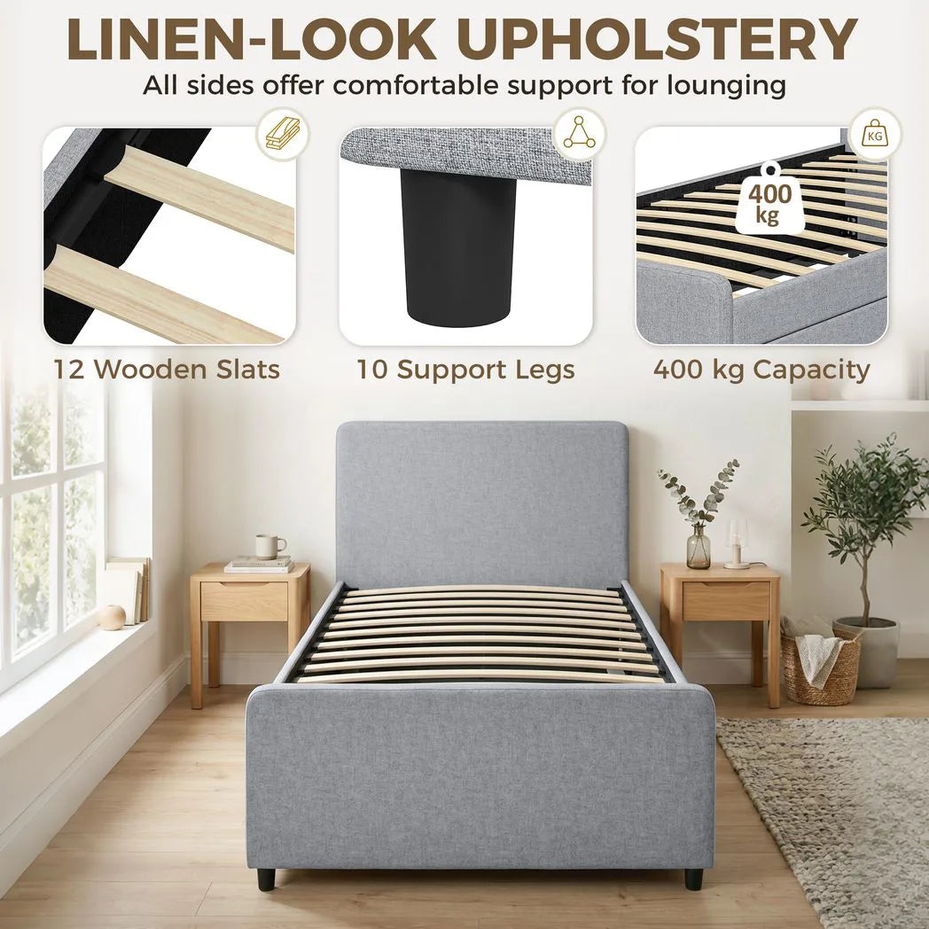 HOMCOM 3ft Single Upholstered Trundle Bed Frame with Headboard and Footboard – Pull-Out Guest Bed, Light Grey