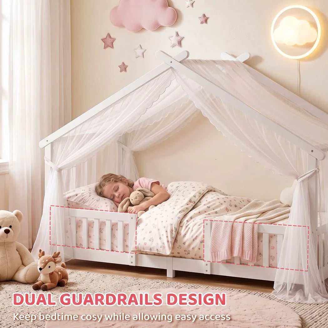 AIYAPLAY Wooden House Kids Single Bed with Dual Guardrails – Solid Pine, White, Fits 90 x 200 cm Mattress