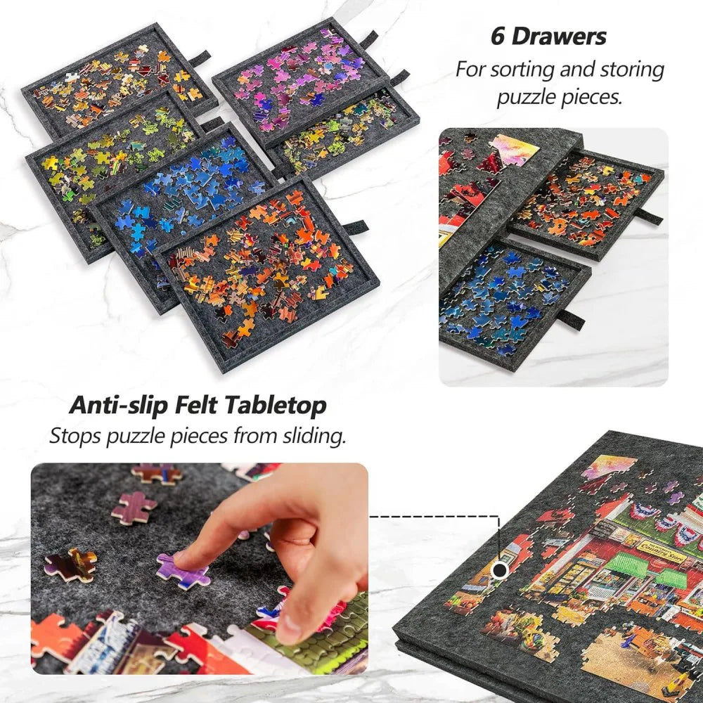 Tilting Jigsaw Puzzle Board with 6 Drawers and Dust Cover – Portable Felt Table for 1000 Pieces, Dark Grey