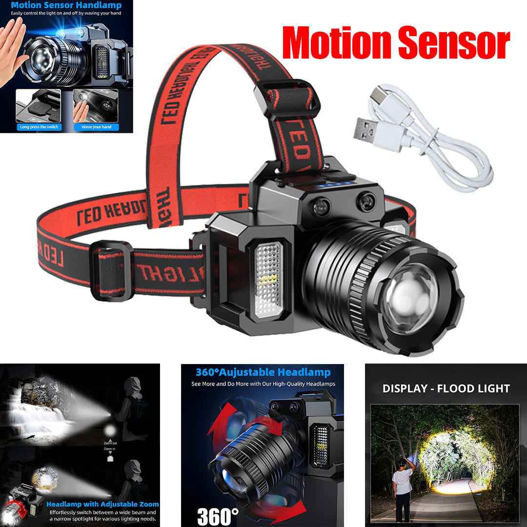 2 Pack Rechargeable LED Headlamps with Motion Sensor & Zoom – USB-C Headlight for Camping & Hiking, Black