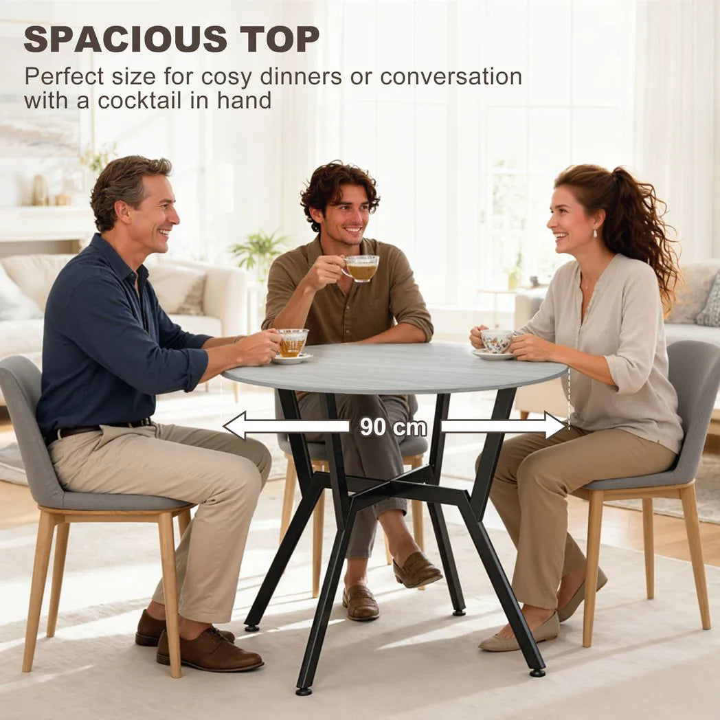 HOMCOM Round Dining Table for 4 with Metal Frame and Anti-Slip Foot Pads, 90cm – Space-Saving Kitchen Table, Grey