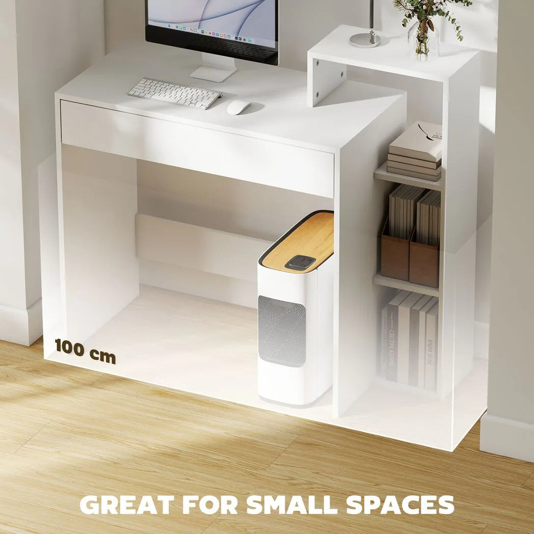 HOMCOM Computer Desk with 3 Open Shelves and Drawer – Compact Home Office Workstation, White
