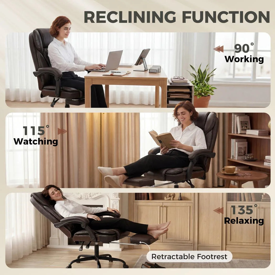 HOMCOM Executive Office Chair with 90–135° Recline, Retractable Footrest & High Back, Brown