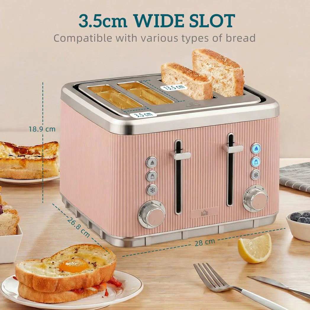 HOMCOM 3000W 1.7L Stainless Steel Kettle and 4 Slice Toaster Set with UK Strix Thermostat – Fast Boil, Pink