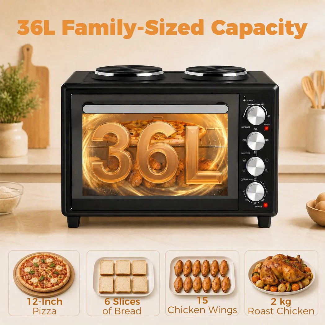 HOMCOM 36L Mini Oven with Dual Hot Plates, Convection Fan & Rotisserie – Countertop Electric Cooker, 90–230°C