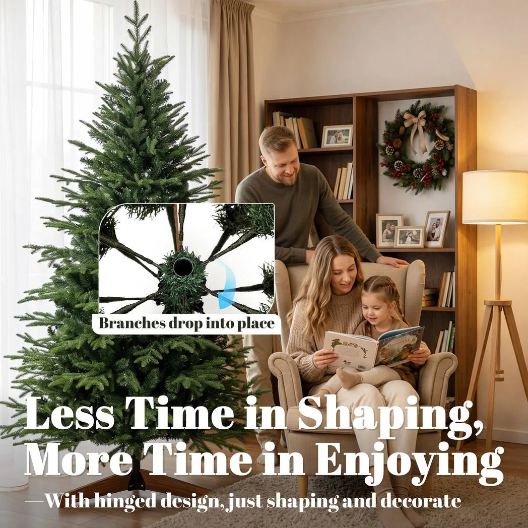 HOMCOM 7ft Hinged Artificial Christmas Tree with 2719 PE and PVC Tips and Solid Pine Wood Stand, Green