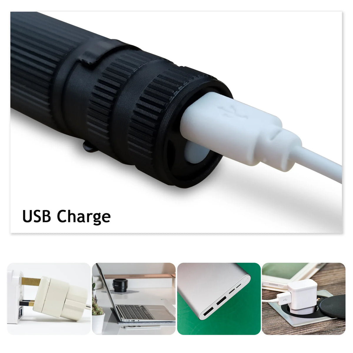 2-Pack USB Rechargeable Mini LED Torches – Adjustable Focus, 3 Lighting Modes, Aluminium, Black