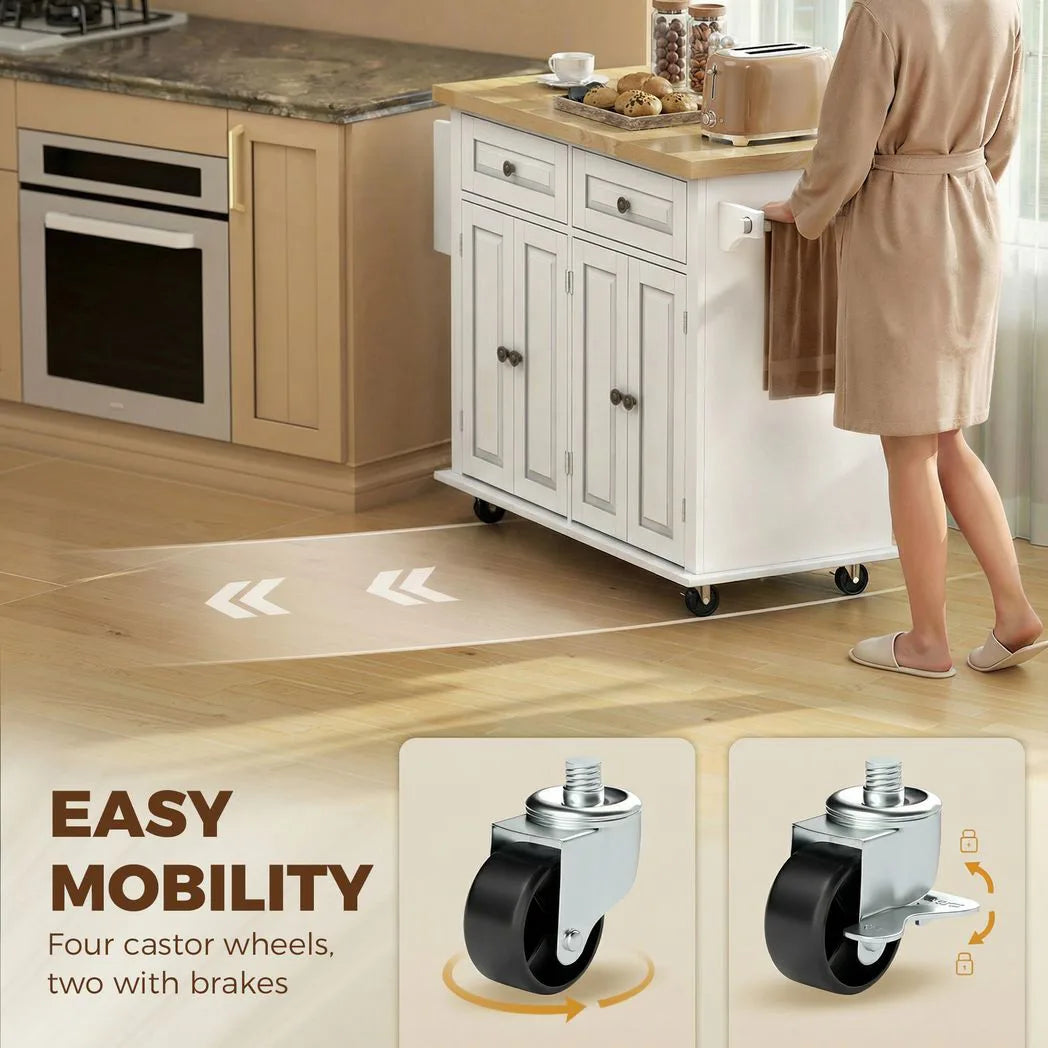 HOMCOM Kitchen Island on Wheels with Rubberwood Top, Drawers and Adjustable Shelves – Rolling Storage Trolley, Cream White