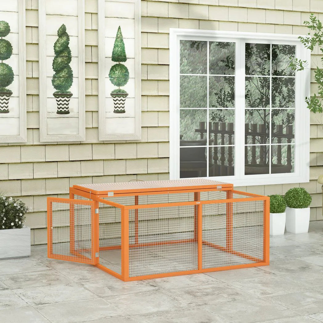 PawHut Wooden Folding Rabbit Hutch for 2–3 Rabbits with Built-In Handle – Outdoor Guinea Pig Run, Orange