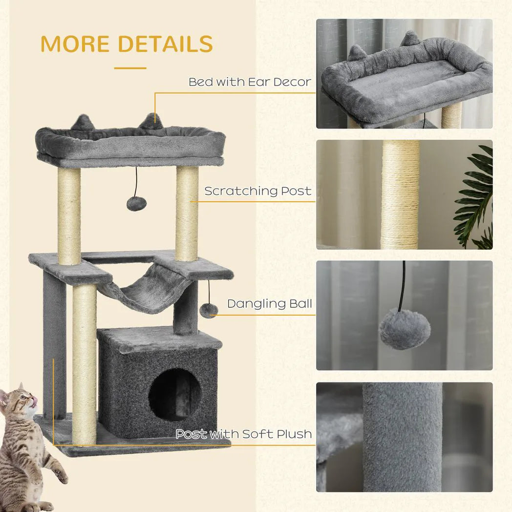 PawHut 90cm Cat Tree with Sisal Posts, Condo, Hammock & 2 Hanging Toys – Indoor Cat Tower, Grey