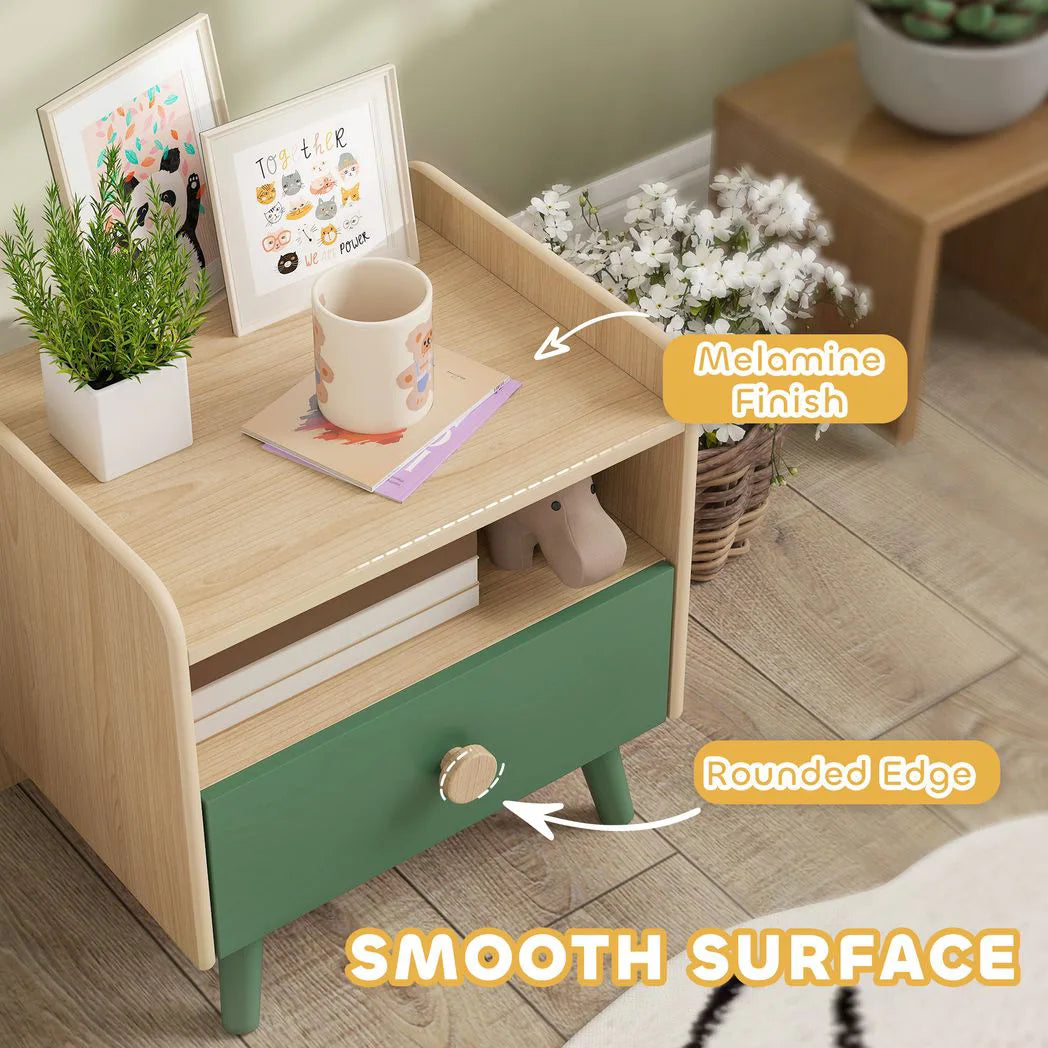 AIYAPLAY Kids Bedside Table with Drawer and Open Storage Shelf – Wooden Nightstand for Children's Bedroom, Green
