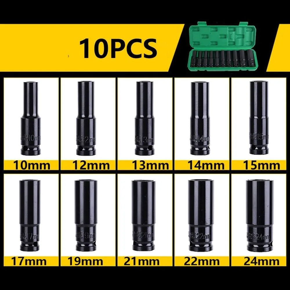 1/2" Drive Deep Impact Socket Set – 10 Long Reach Thin Wall Metric Sockets 10-24mm, Chrome Vanadium Steel, Black