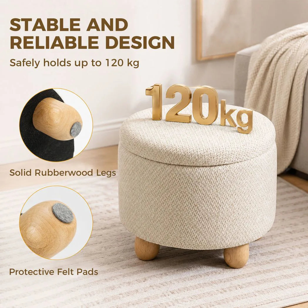HOMCOM Round Storage Ottoman with Reversible Lid and Rubberwood Legs – 19L Sitting Bench, Beige
