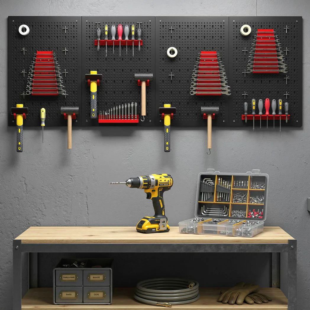 HOMCOM 38-Piece Wall-Mounted Pegboard Set with 4 Steel Boards – Garage Tool Storage Organiser, Black and Red