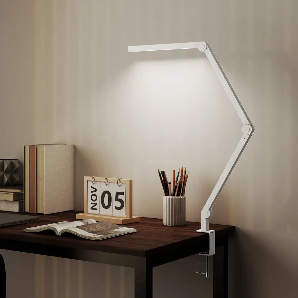HOMCOM LED Desk Lamp with Clamp & Swing Arm, 2 Colour Modes, 5 Brightness Levels – Study Task Light, White