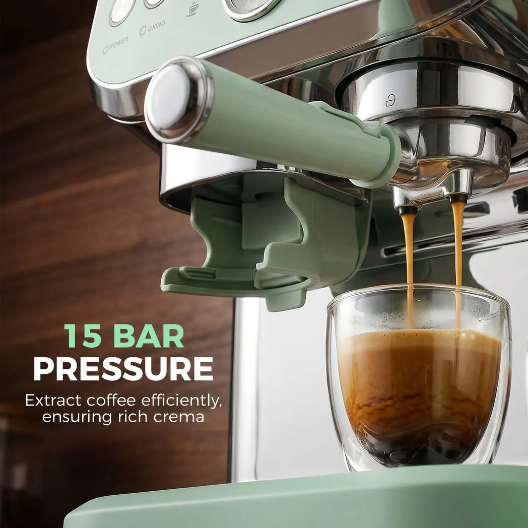 HOMCOM 15 Bar Espresso Machine with Adjustable Grinder, Steam Wand and 2L Tank – Semi-Automatic, Light Green