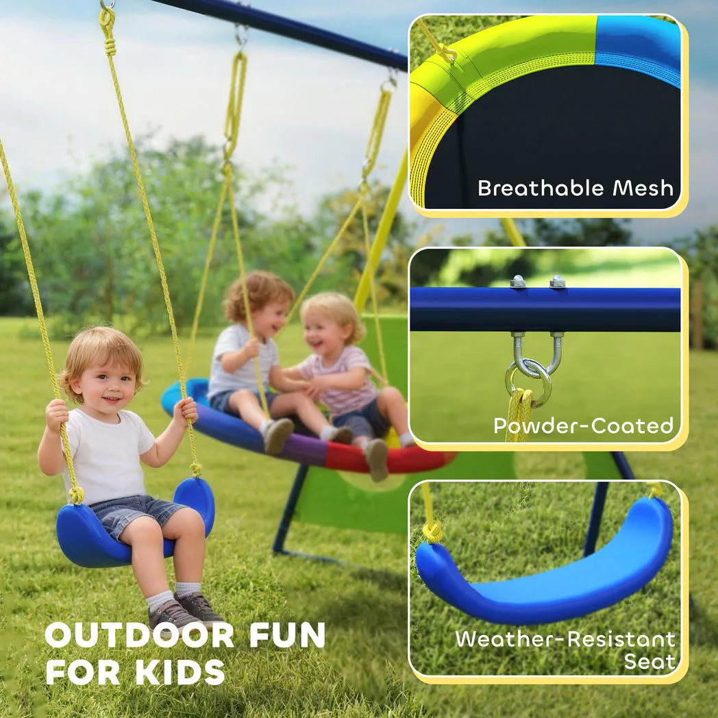 AIYAPLAY 4-in-1 Kids Swing Set with Saucer Swing, Basketball Hoop & Football Goal – Outdoor Garden Playset