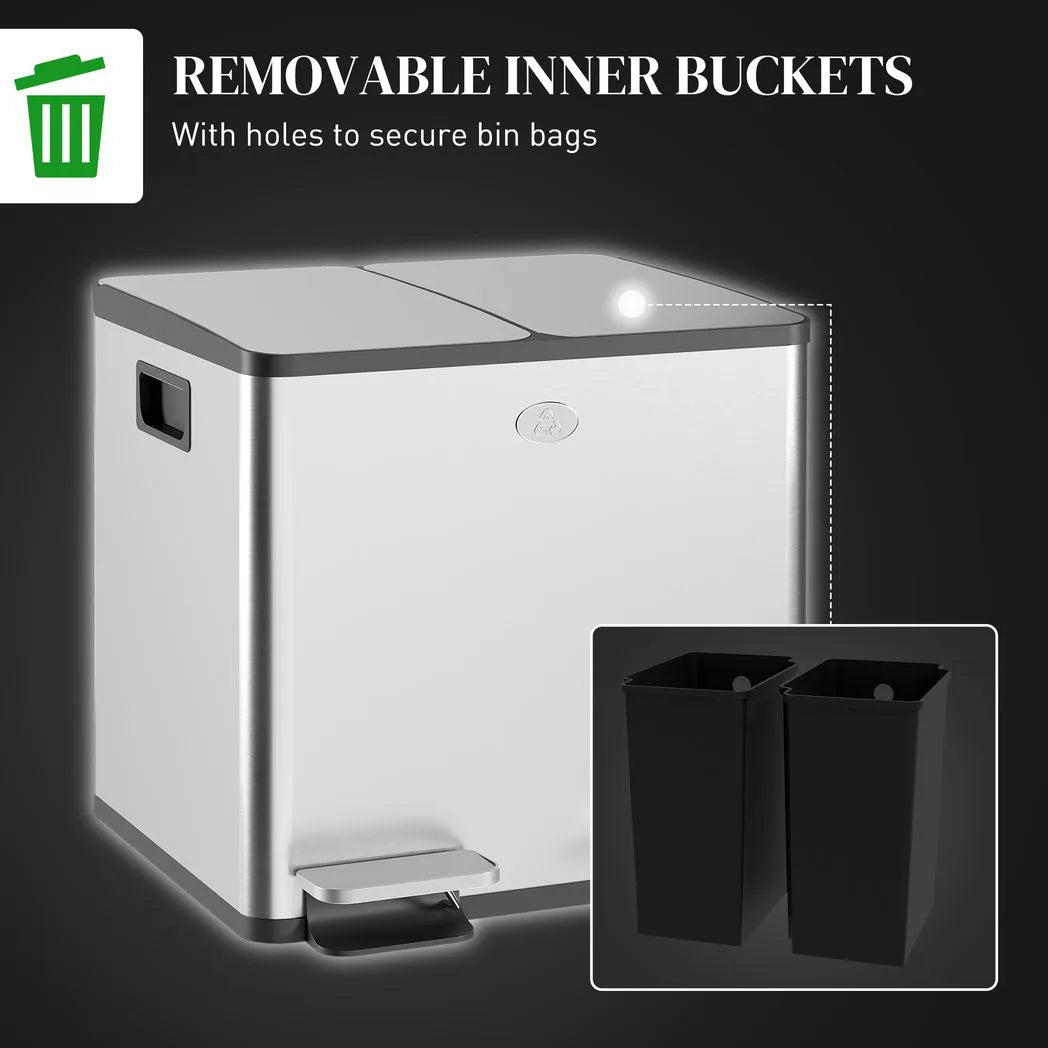 HOMCOM 30L Dual Compartment Pedal Bin with Deodoriser Holders & Soft-Close Lid – Stainless Steel