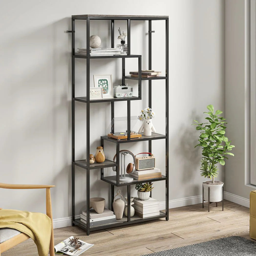 HOMCOM Seven-Tier Geometric Bookcase with Asymmetrical Open Shelves and Anti-Tipping Device – Grey and Black