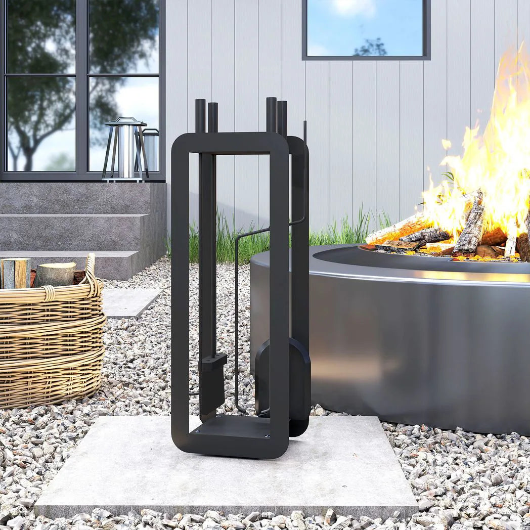 Outsunny 5-Piece Fireplace Companion Set – Brush, Shovel, Poker, Tongs and Stand, Black Metal