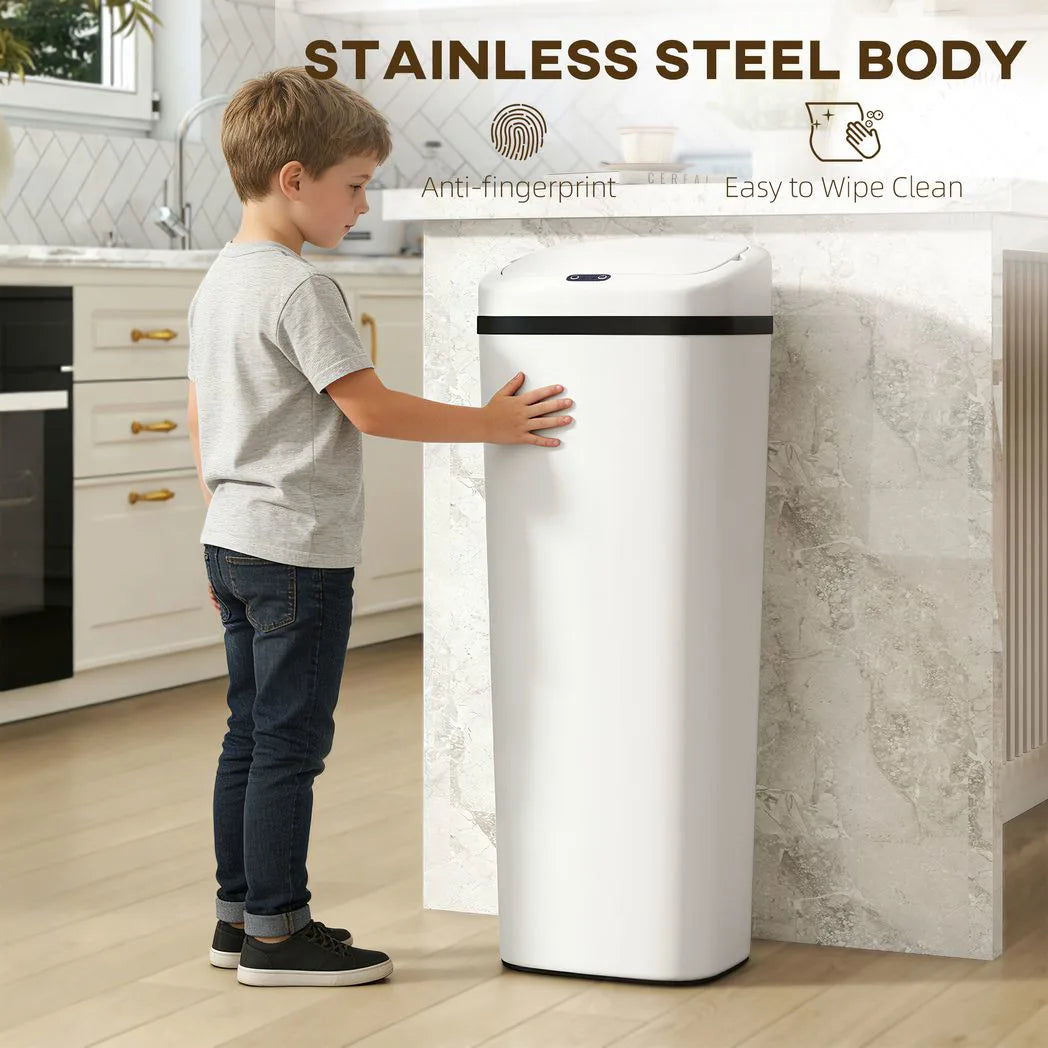 HOMCOM 50L Stainless Steel Sensor Bin with Bag-Fixing Ring – Slim Hands-Free Kitchen Waste Bin, White