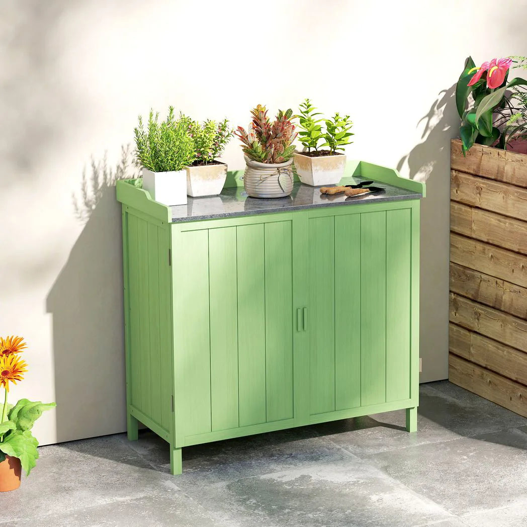 Outsunny Wooden Garden Storage Cabinet with Galvanised Top – 2-in-1 Potting Bench and Tool Shed, Green