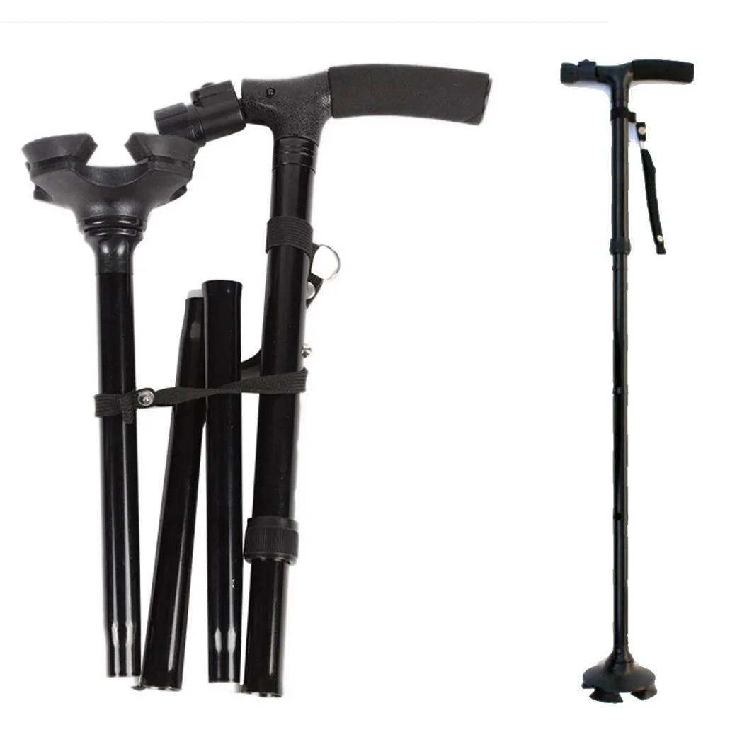 Folding Walking Stick with LED Light, 5 Adjustable Heights & Pivot Base – Hiking & Travel Cane, Black
