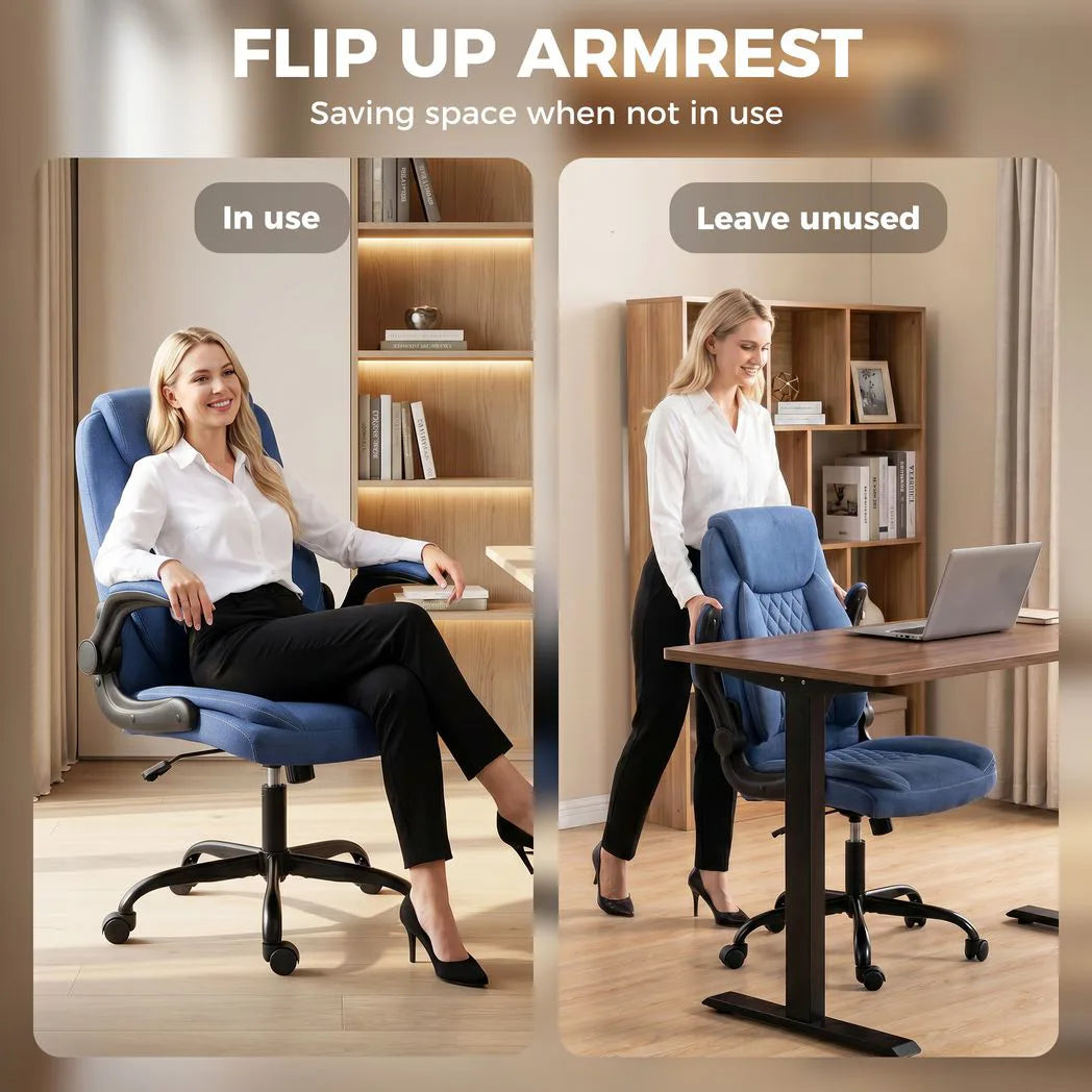 HOMCOM Linen-Look Executive Office Chair with Flip-Up Armrests, Thick Cushion & Rocking Function, Blue