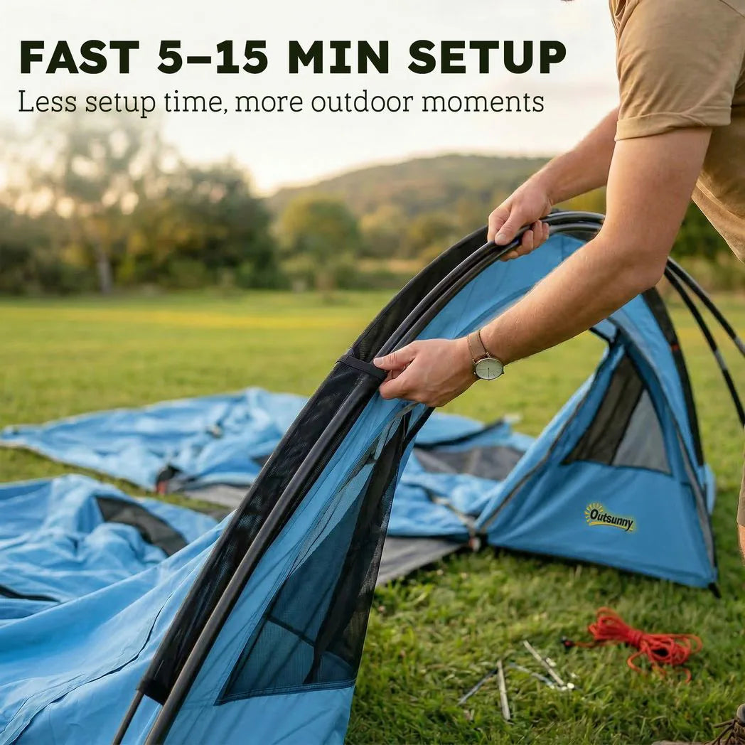 Outsunny 4 Person Family Camping Tent with 2 Rooms & Sewn-In Groundsheet – Waterproof Tunnel Tent, Sky Blue & Grey