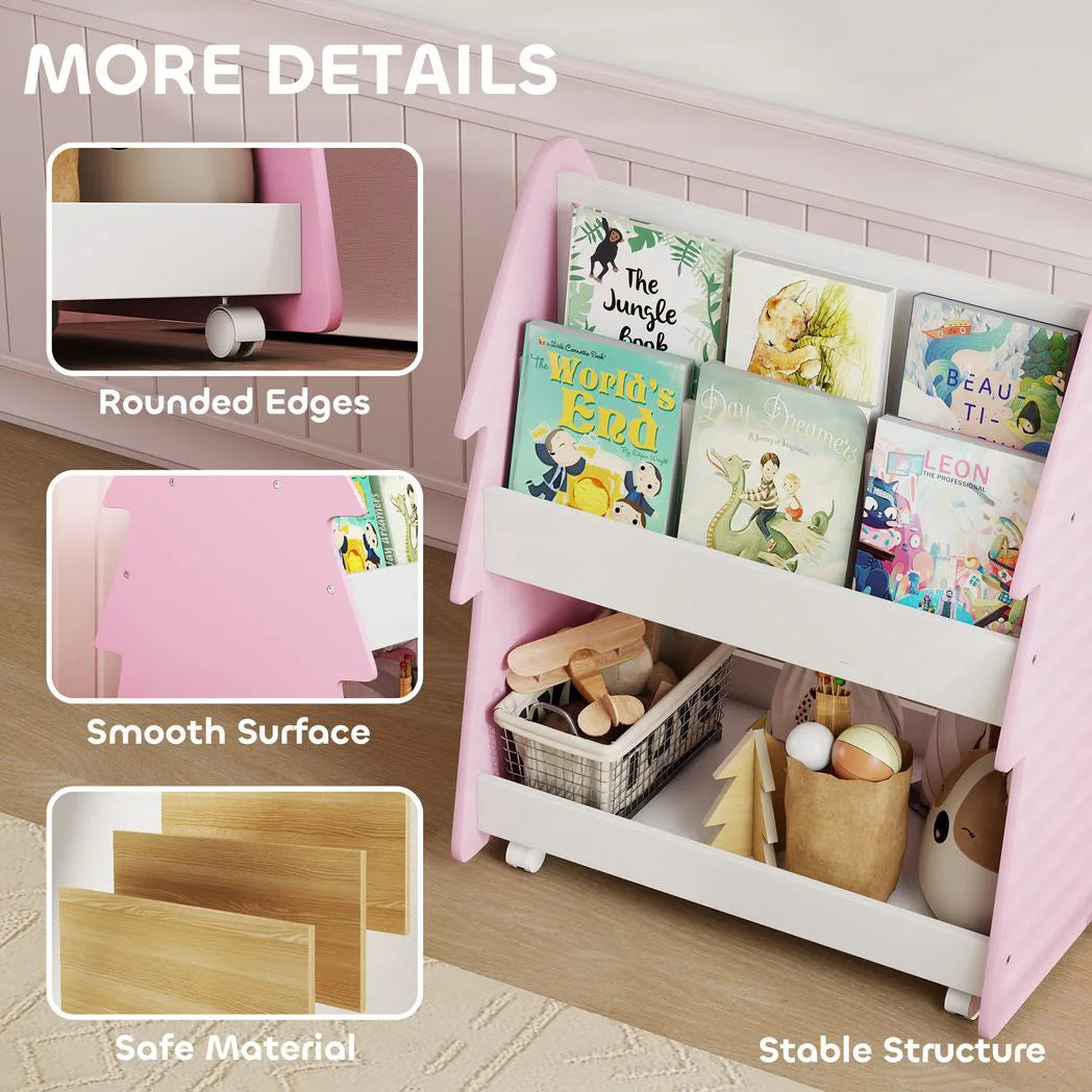 AIYAPLAY Kids Bookshelf with Toy Storage, Double-Sided 3-Tier Bookcase on Wheels – Bedroom Book Rack, Pink