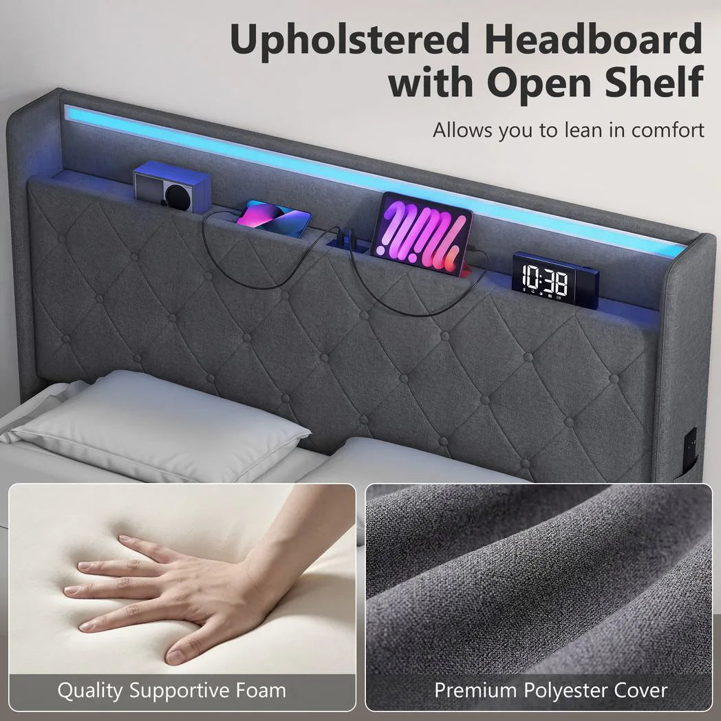 HOMCOM 4ft6 Double Ottoman Bed Frame with Hydraulic Storage, RGB LED Lights and USB Charging – Grey