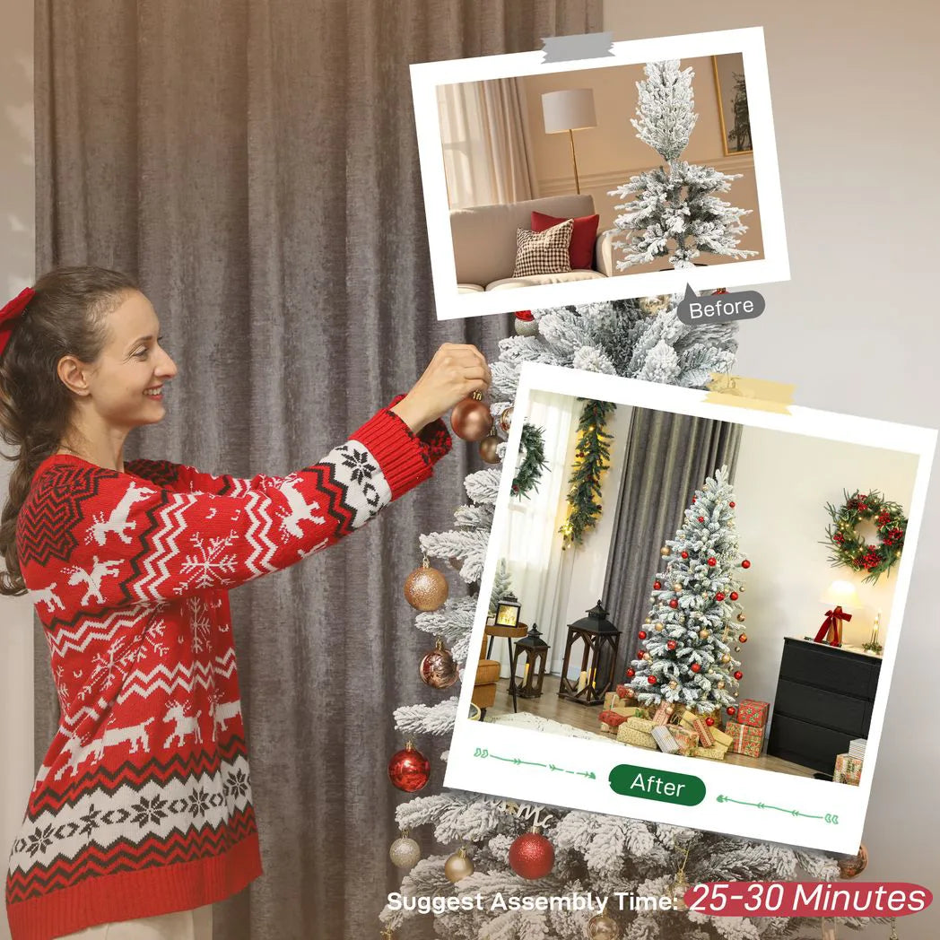 HOMCOM 6ft Flocked Artificial Christmas Tree with 756 Snow-Tipped Branches – Slim Tree, Metal Base