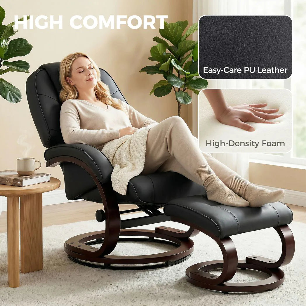 HOMCOM Swivel Recliner Chair with Footstool – PU Leather Armchair with Adjustable Back and Wood Frame, Black