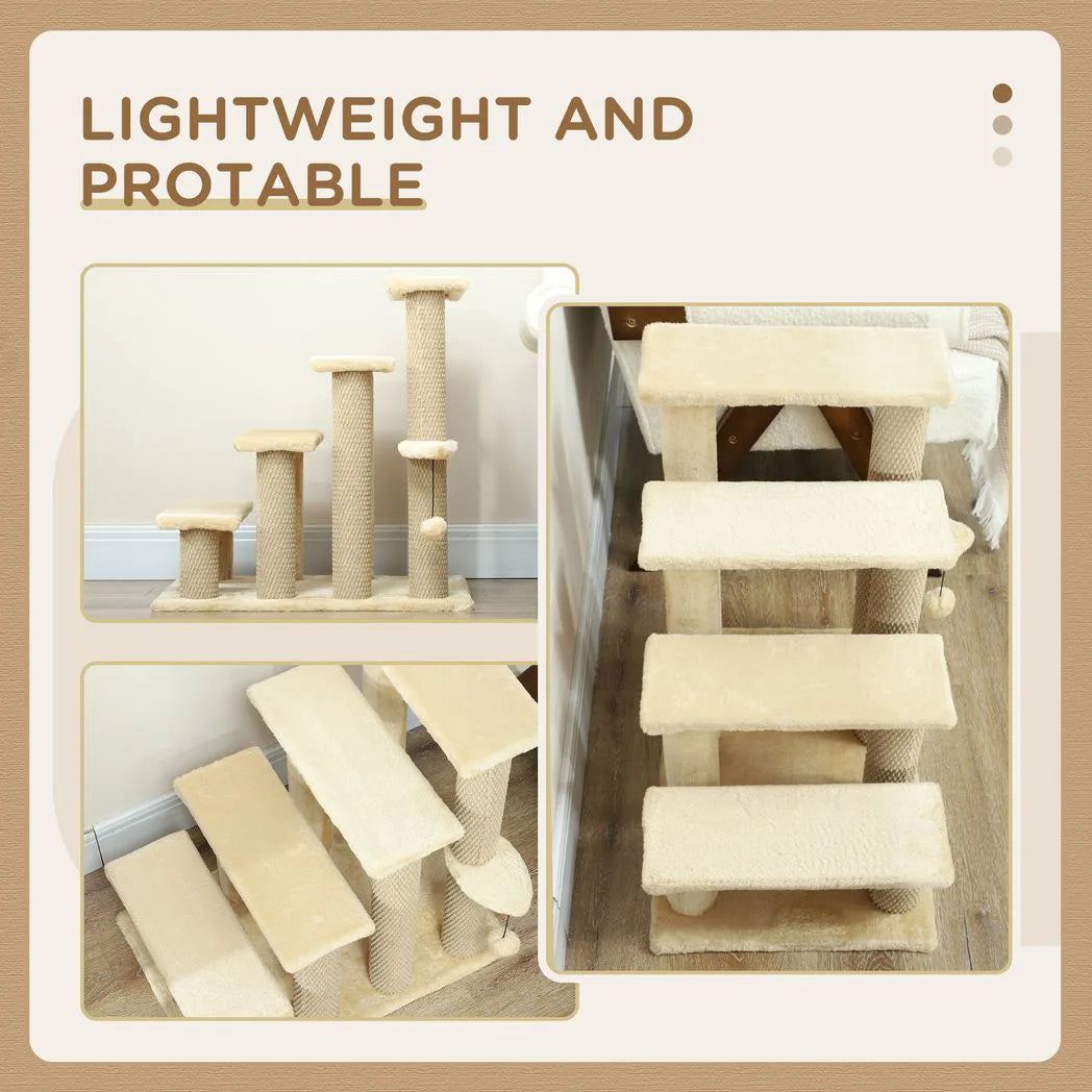 PawHut 4-Step Cat Stairs with Scratching Posts, Platform and Toy Ball – Pet Steps, Beige