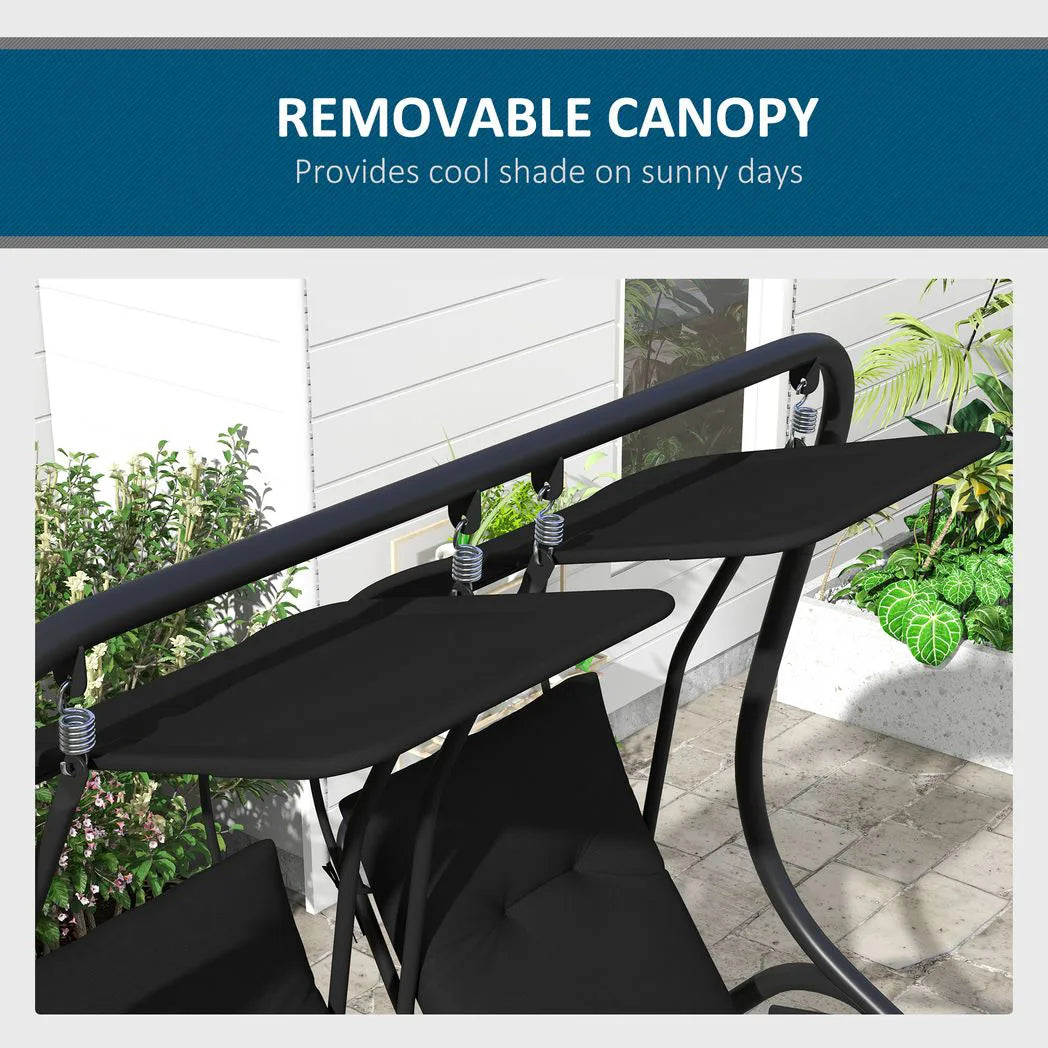 Outsunny Two-Seat Garden Swing Chair with Removable Protective Canopy and Cup Holders – Powder-Coated Steel Frame, Black