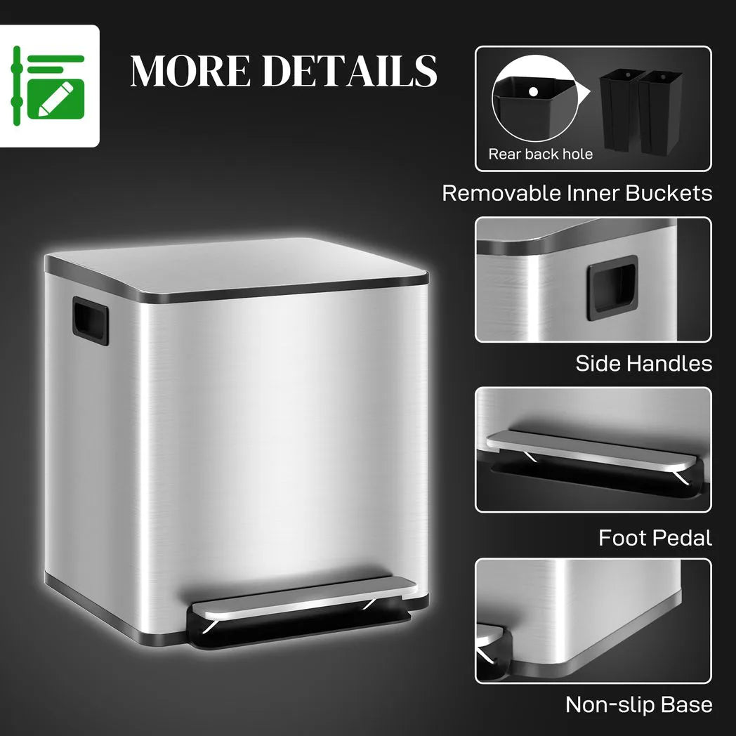 HOMCOM 30L Dual Compartment Pedal Bin with Soft Close Lid, Deodoriser Holders – Stainless Steel Kitchen Bin, Silver Tone