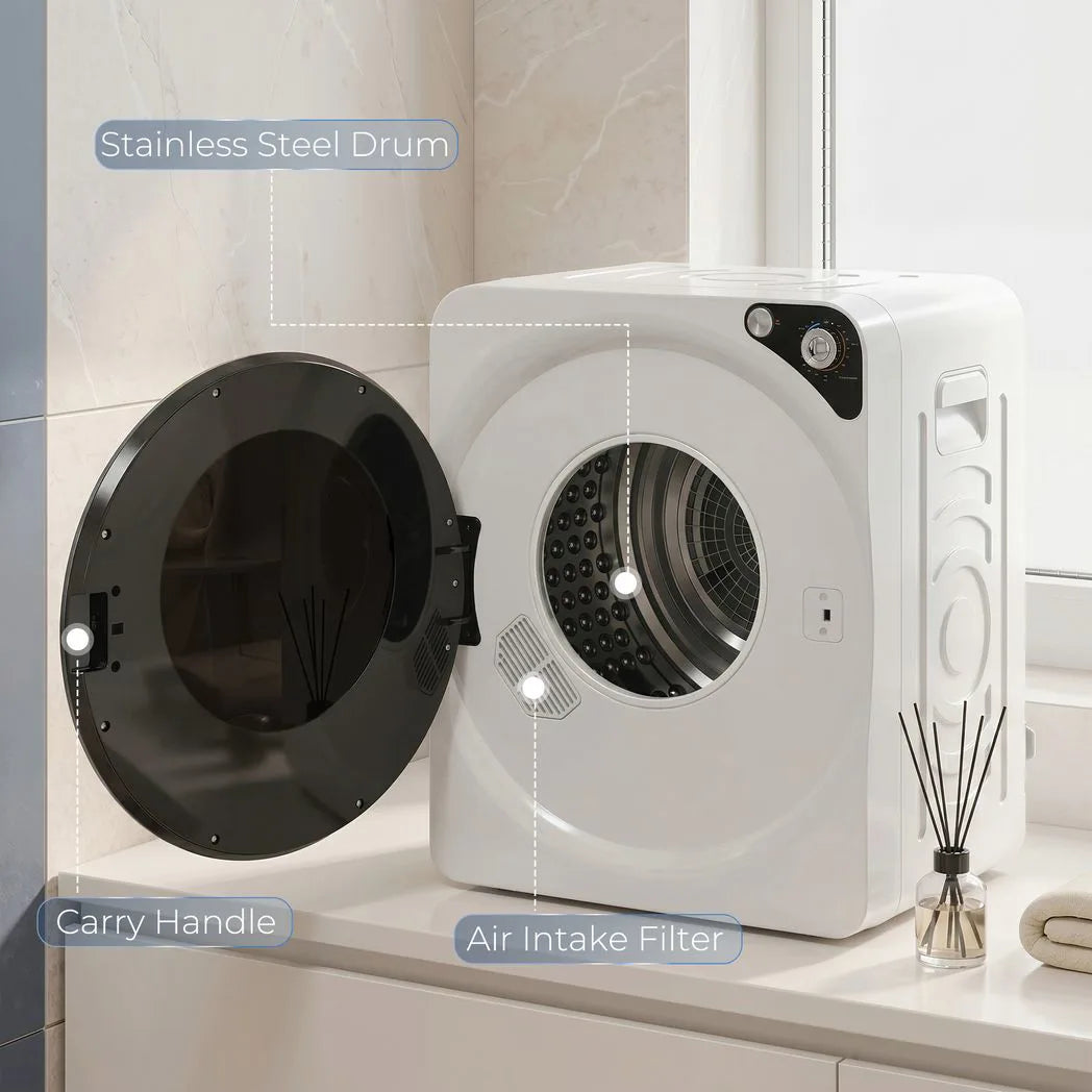 HOMCOM 5kg Vented Tumble Dryer, 1000W Compact Stackable Dryer with 5 Drying Modes and Stainless Steel Tub, White