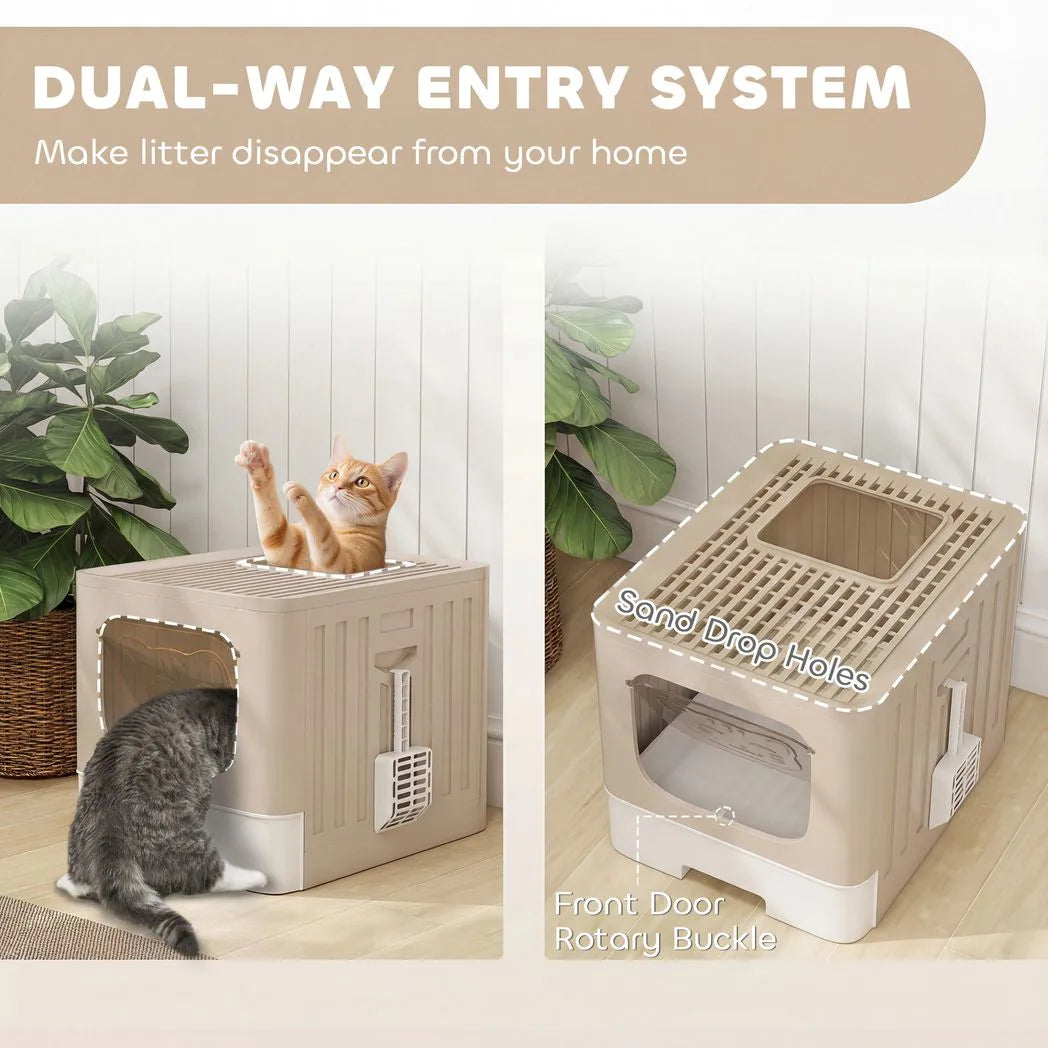 PawHut Cat Litter Box with Lid, Slide-Out Drawer and Scoop – Odour Control, Anti-Splashing, Khaki