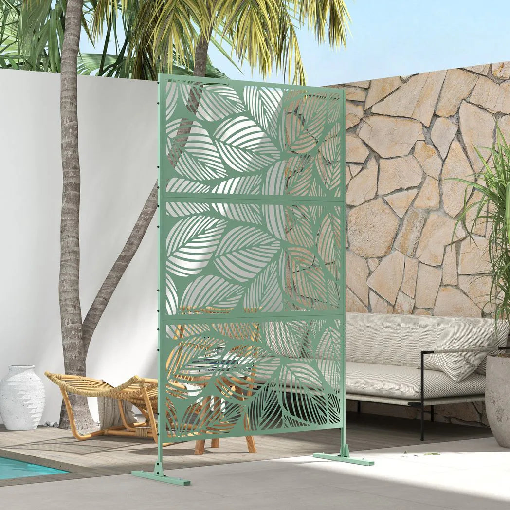 Outsunny Metal Decorative Privacy Screen, Leaf Design – Outdoor Garden Divider and Trellis, Green