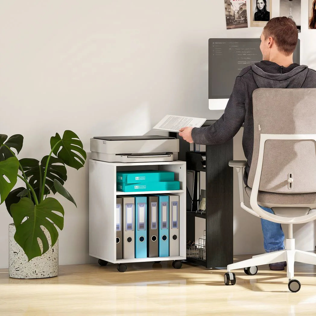 HOMCOM 2-Tier Printer Stand with Storage – Under Desk Printer Cart on Wheels, White