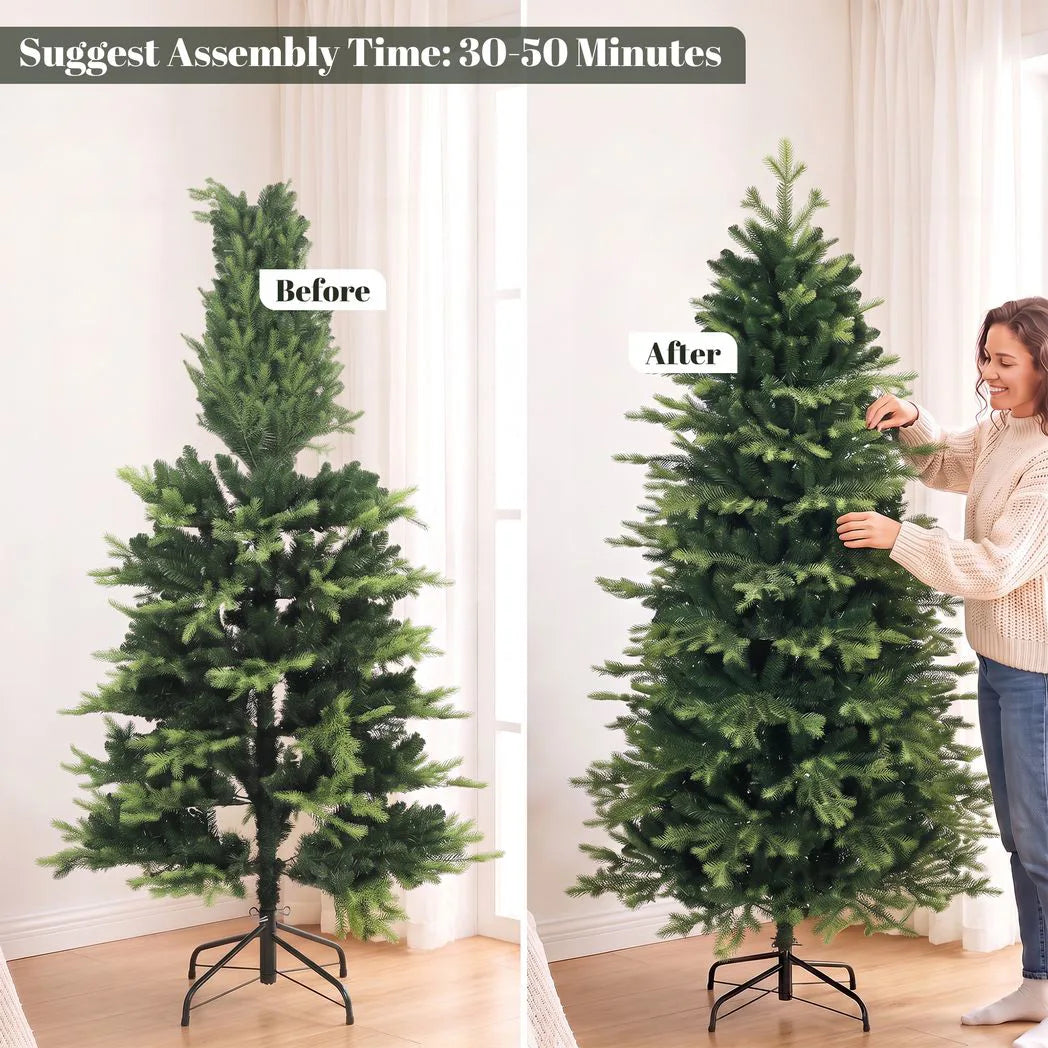 HOMCOM Geneva Fir 6ft Artificial Christmas Tree – Hinged, 1610 Branch Tips, Flame Retardant, Foldable Steel Stand, Green