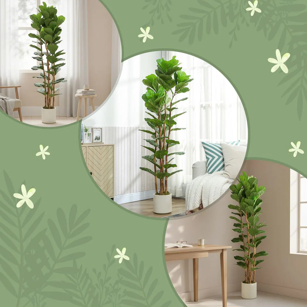 HOMCOM 180cm Artificial Fiddle Leaf Fig Tree in White Pot – Realistic Faux Plant for Home and Office, Green