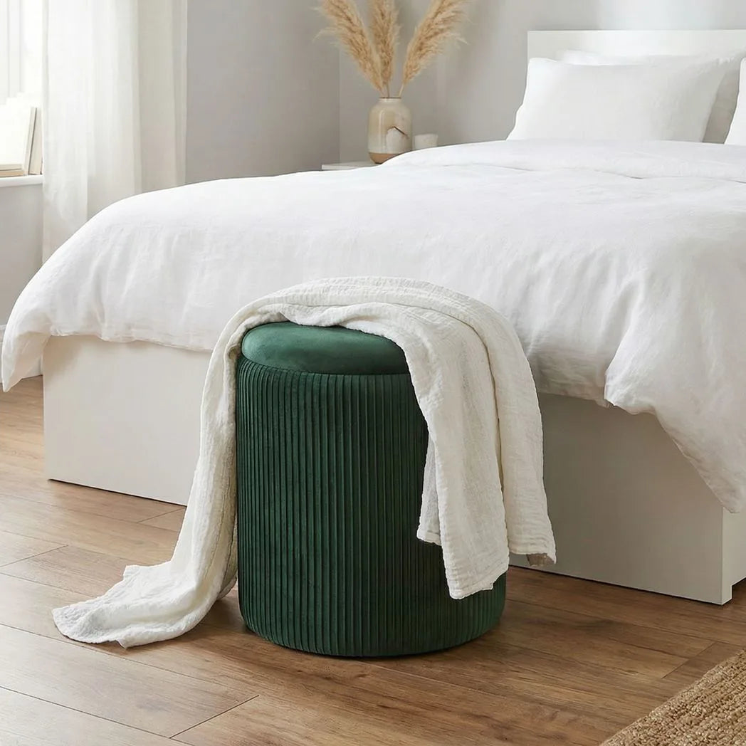 HOMCOM Velvet Round Storage Ottoman with Flip Lid & Marble-Effect Top – 45cm Footstool, Dark Green
