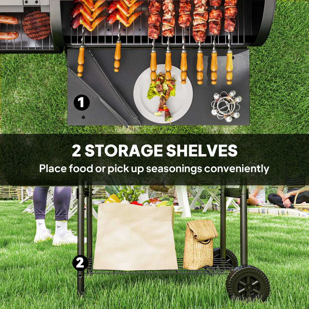 Outsunny Charcoal BBQ Grill with Offset Smoker, Thermometer Lid and Shelves – Garden Barbecue, Black
