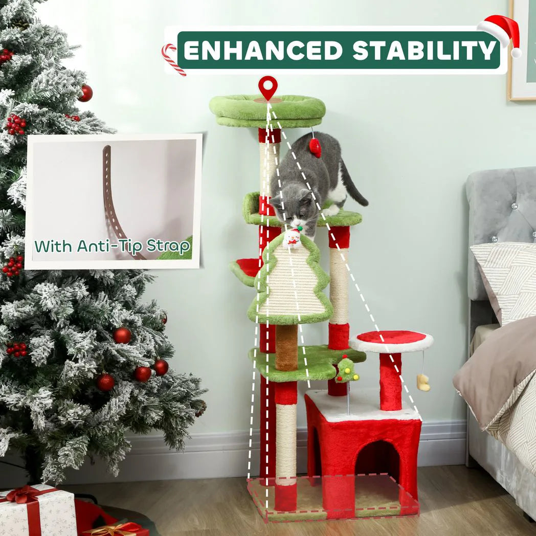 PawHut 120cm Christmas Cat Tree with 3 Scratching Posts, Perches & Hanging Toys – Festive Tower, Green