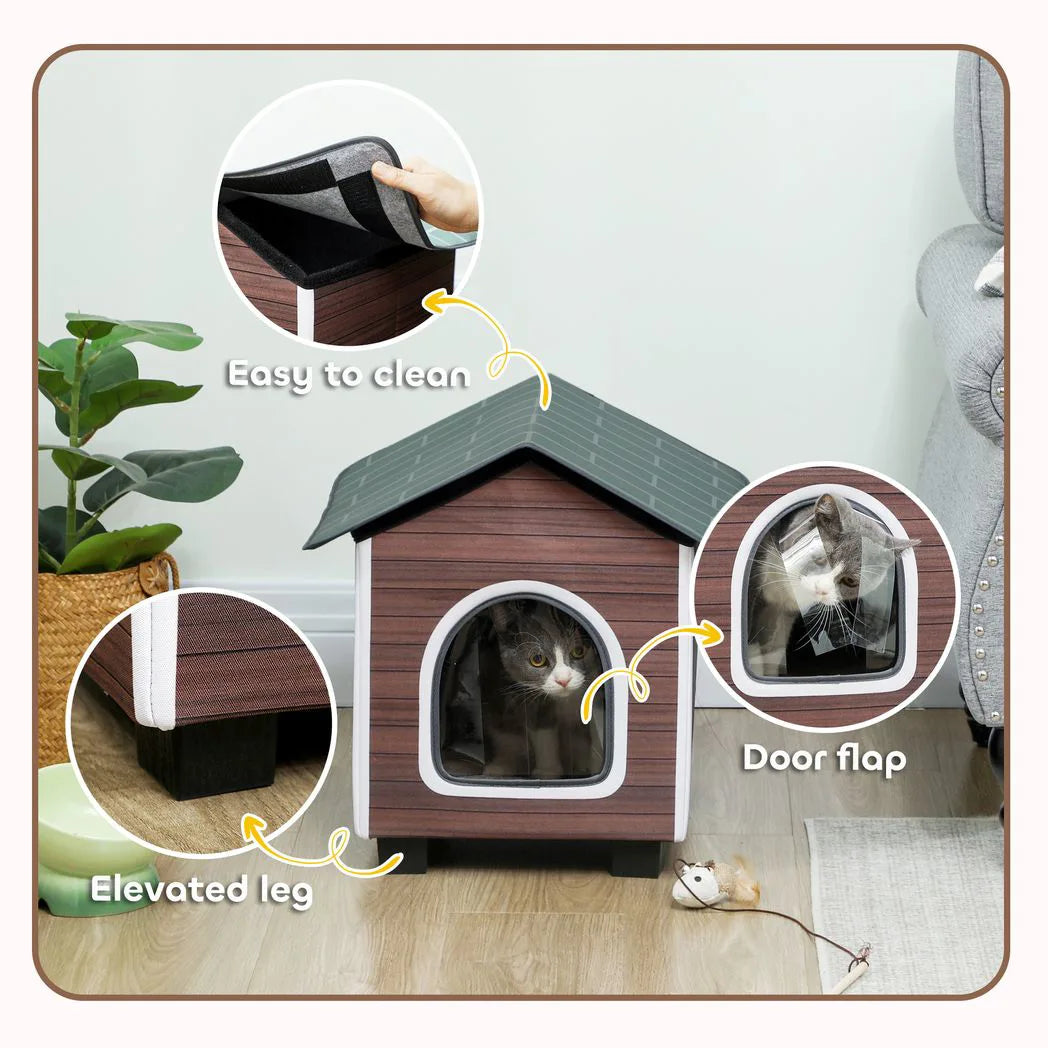 PawHut Insulated Outdoor Cat House with Elevated Base and Cushion – Water-Resistant Cat Shelter, Red-brown