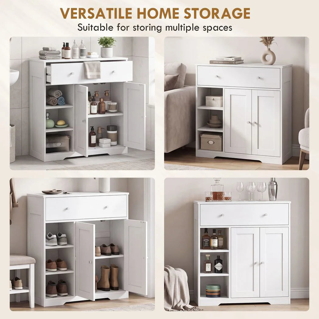 HOMCOM Freestanding Bathroom Floor Cabinet with Drawer, Double Doors and Open Shelves – Nordic Storage Unit, White