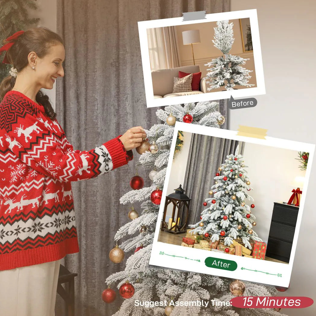 HOMCOM 5ft Snow Flocked Artificial Christmas Tree with 1020 Moulded Tips & Folding Metal Base – Green/White