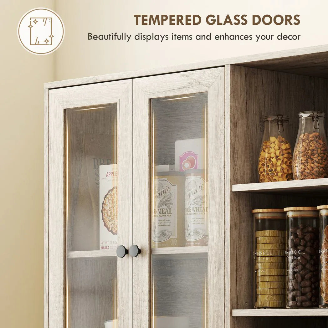 HOMCOM Multi-Storage Kitchen Cabinet with Glass Doors, Soft-Close Hinges and Adjustable Shelves – Grey Wood-Effect