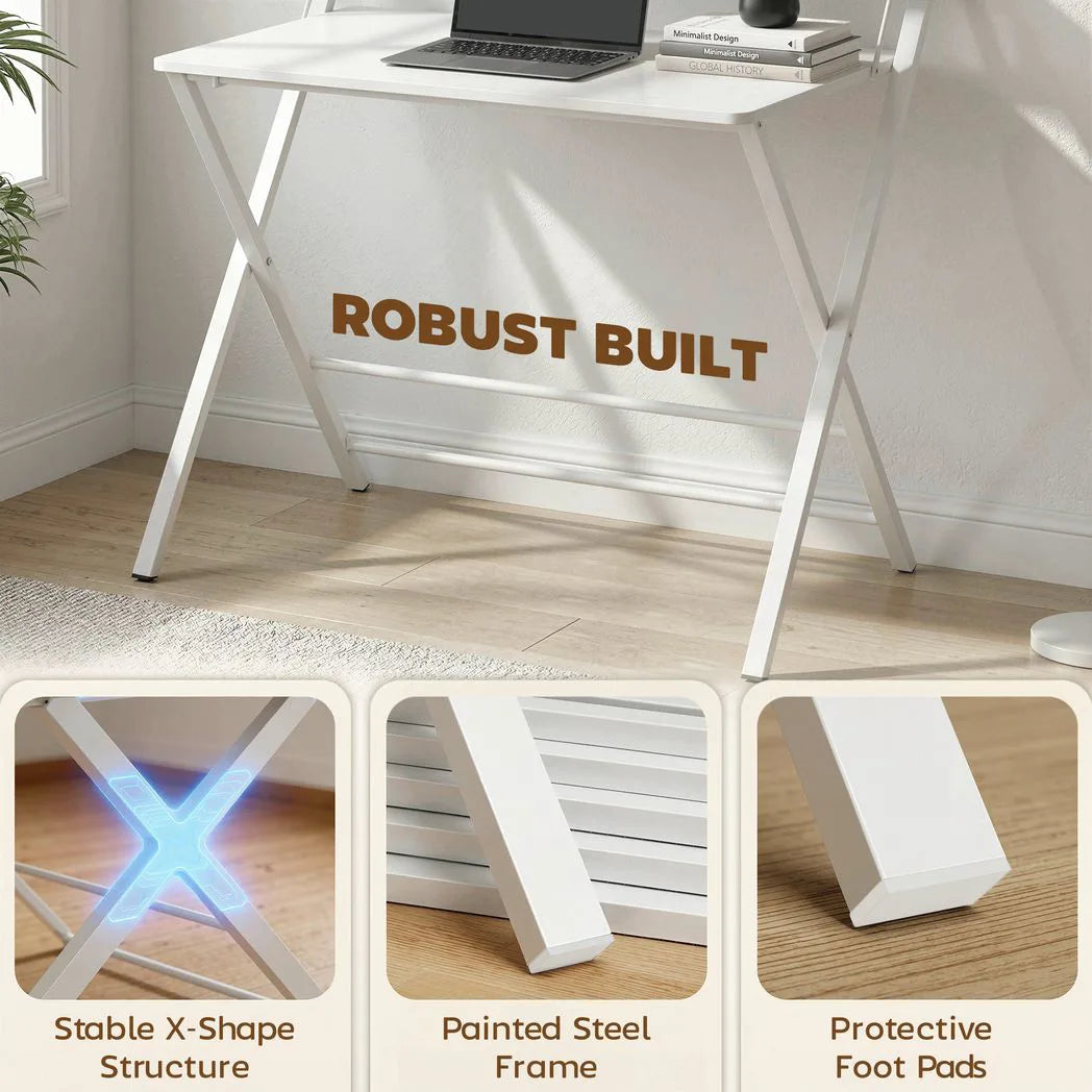 HOMCOM Compact Folding Desk with Storage Shelf – Space-Saving Home Office Computer Desk, White